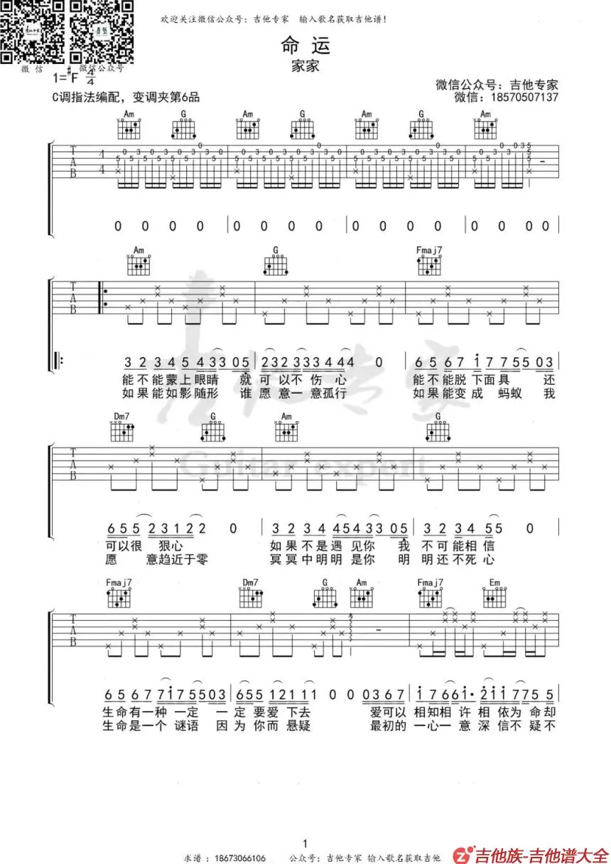 命运吉他谱第1张-家家